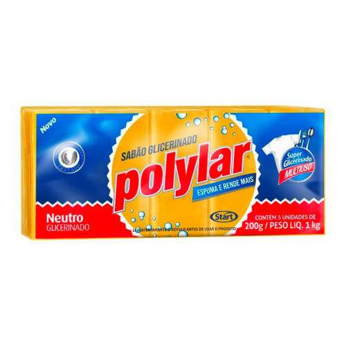 Sabão em Barra Neutro Glicerinado Polylar 200g com 5Un     - 10 Unidades